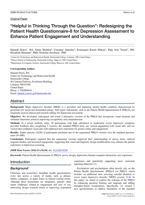 First page of "Helpful in Thinking Through the Question": Re-designing the PHQ-8 for Depression Assessment to Enhance Patient Engagement and Understanding.